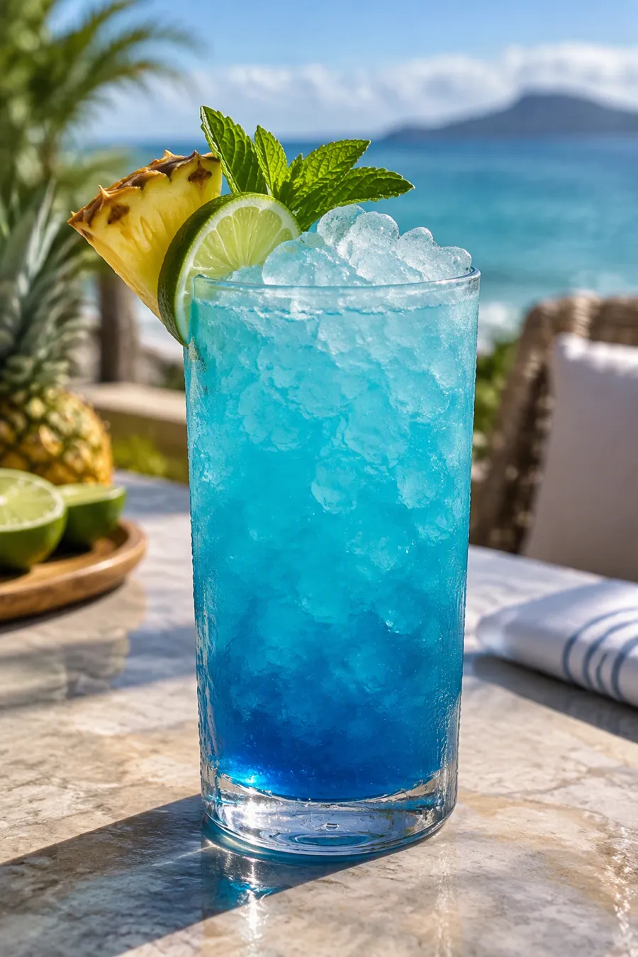 Blue iced drink topped with ice, pineapple, lime and mint beside the sea