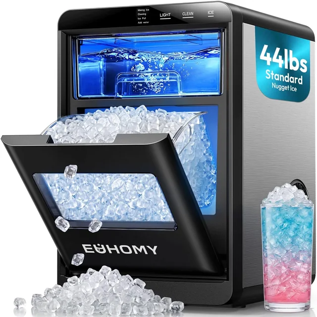 EUHOMY countertop nugget ice maker with blue-lit water tank and open bin filled with nugget ice